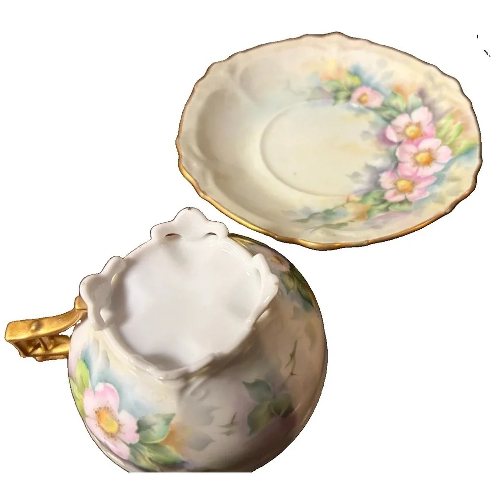 Vintage Japan Footed Teacup Saucer Pink Floral Openwork Pedestal Gold Handle